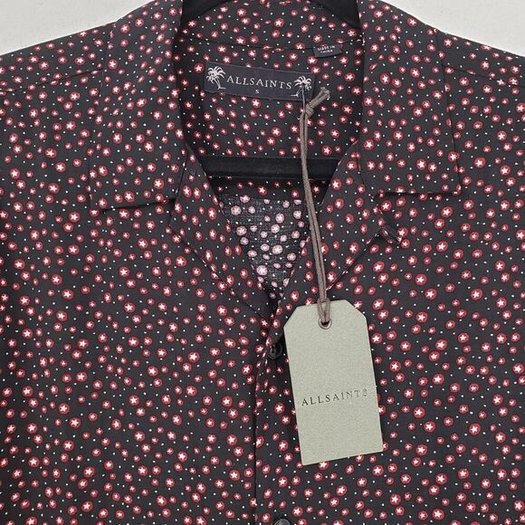 AllSaints Shirt Mens Small Black Red Star Print Button Up Long Sleeve Viscose - Picture 1 of 12